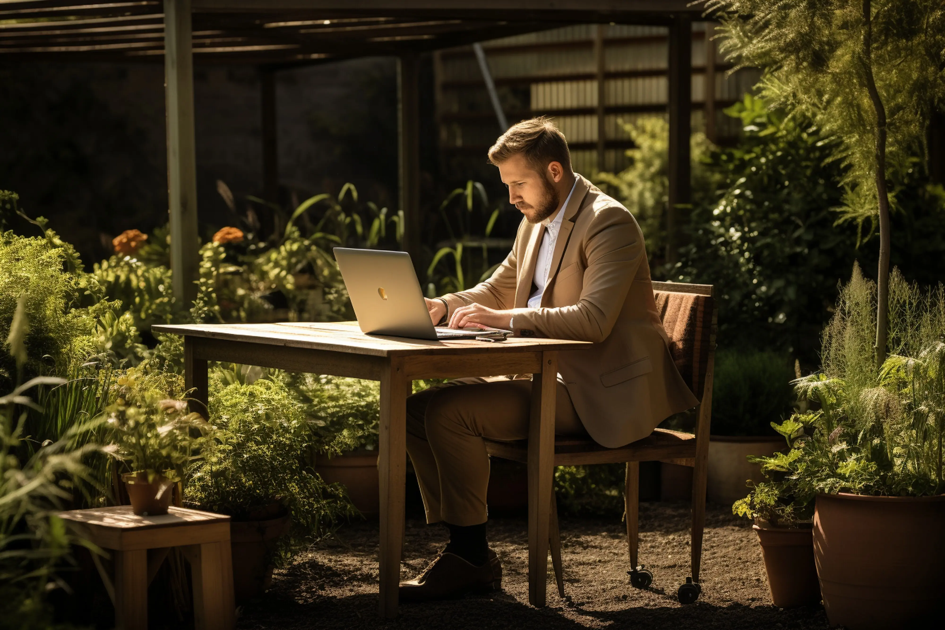 A man is sitting on a table outdoors, using a laptop.