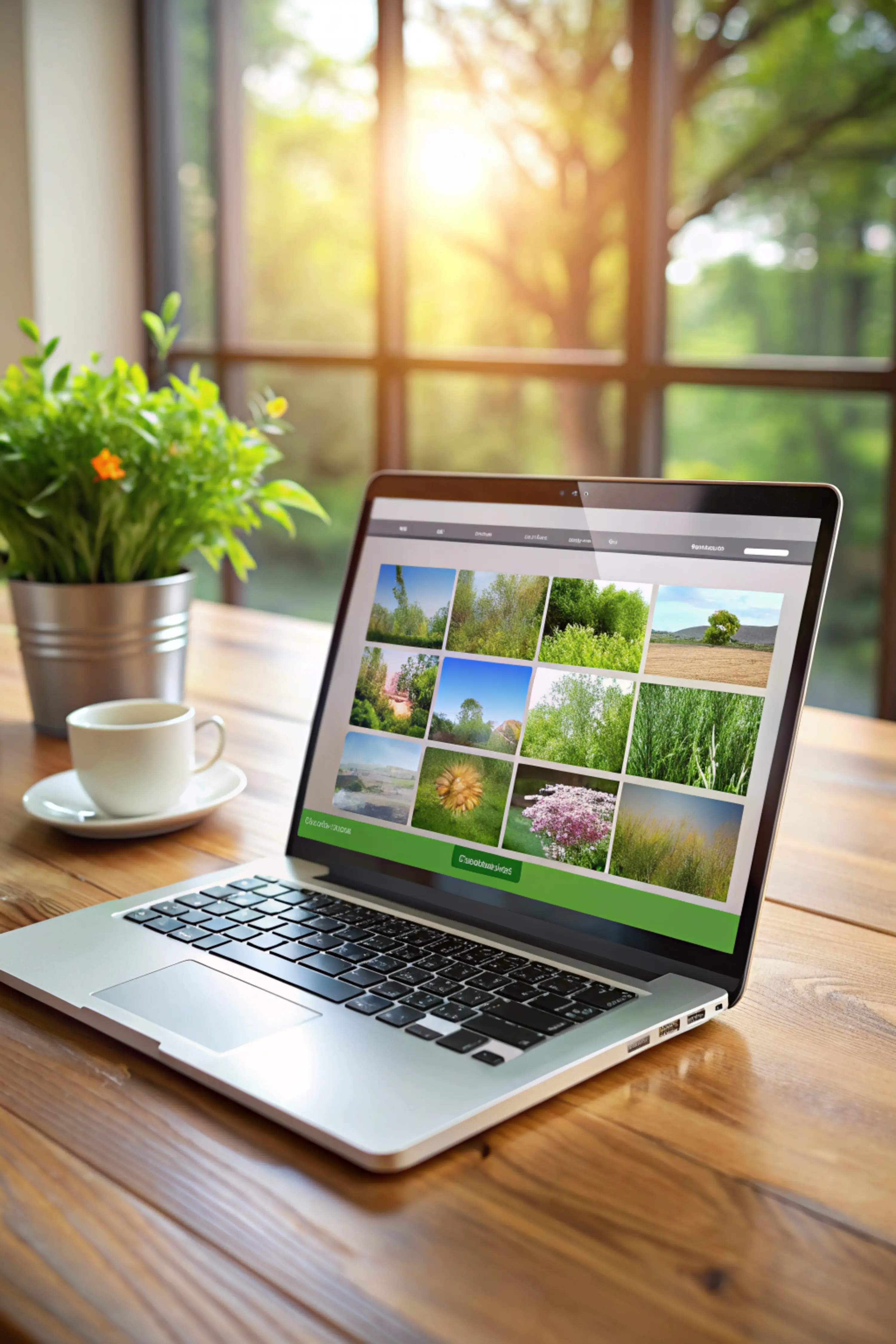 A laptop displaying a nature website on its screen, with a room in the background; all on-screen graphics are designed.