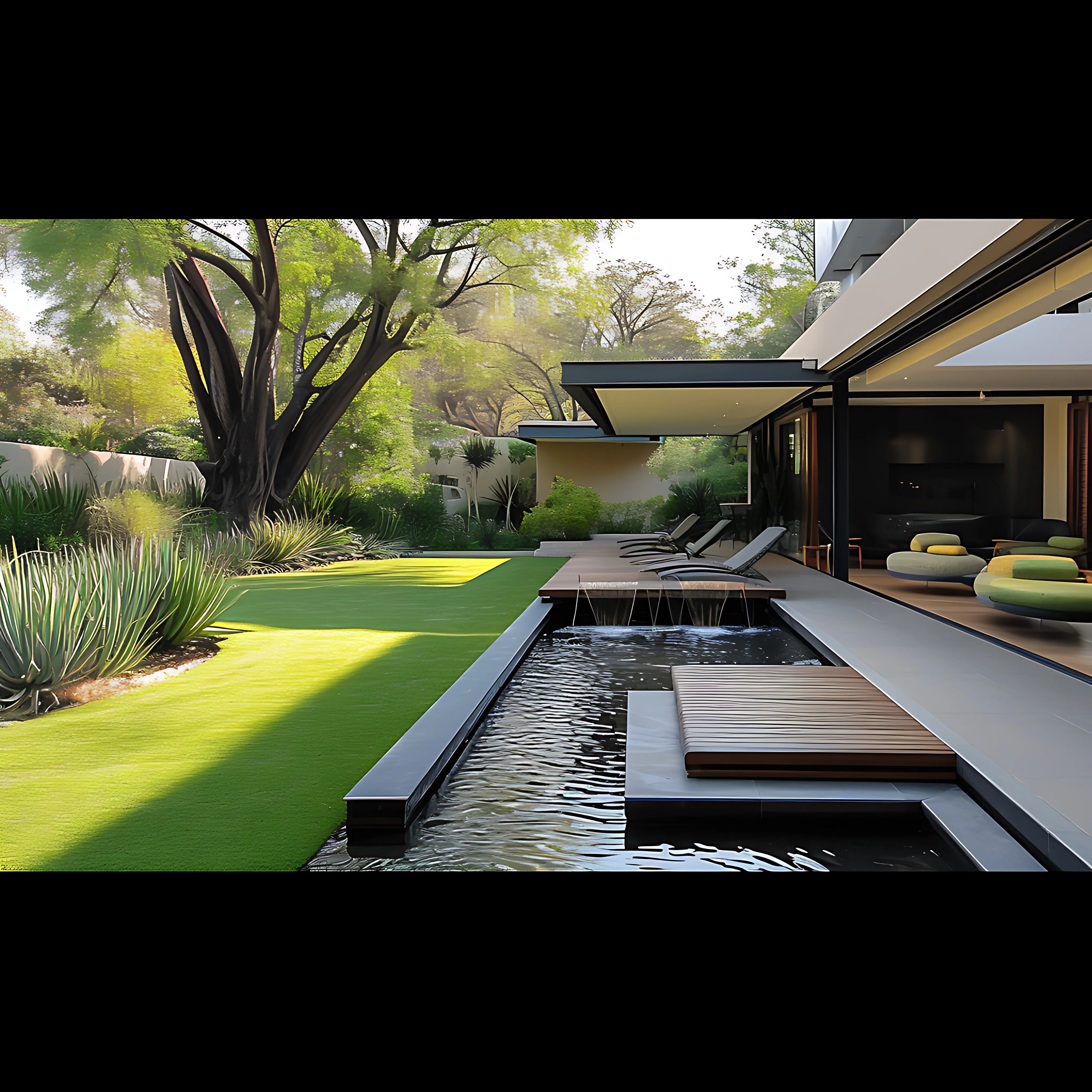 A large pool is located in the middle of a backyard.